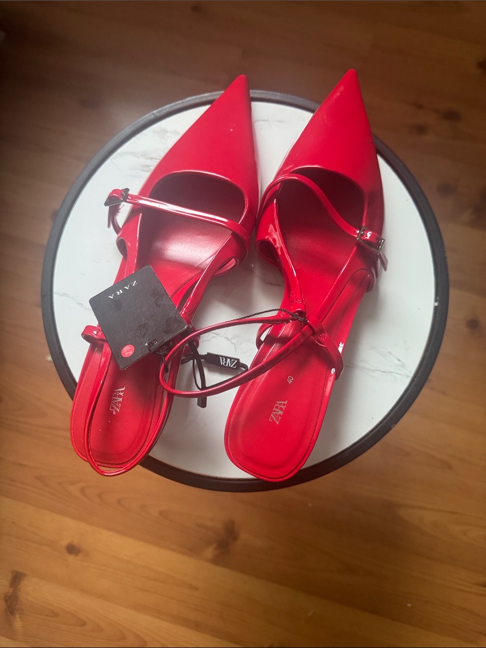 Zara Patent Red Pointed Slingback Flats with Ankle Strap